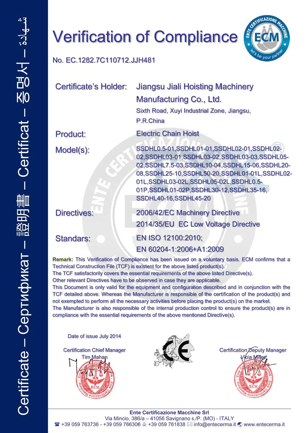 0.5ton-2 Ton Low Headroom Electric Chain Hoist