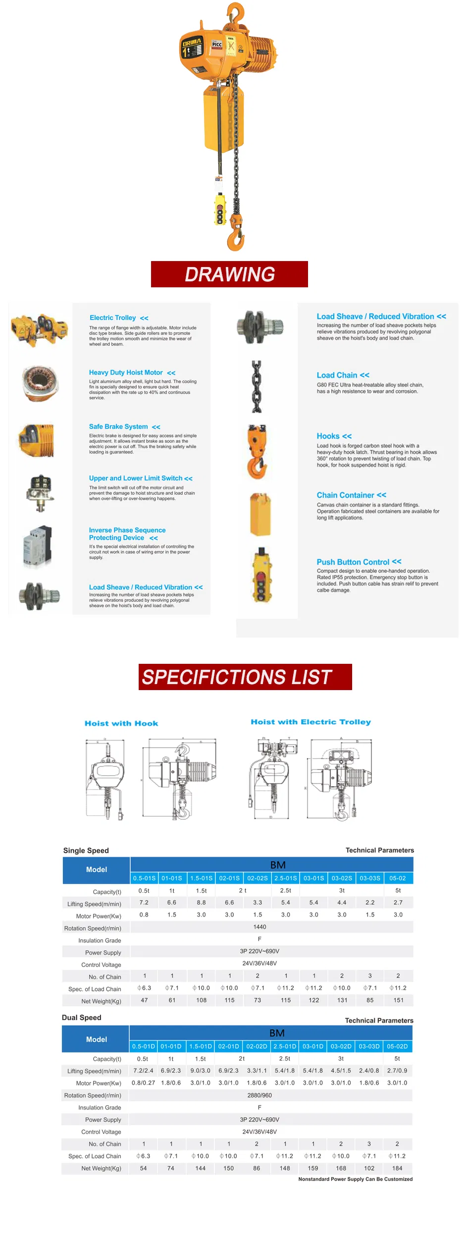 1000kg 2 Chain Falls Double Speed Electric Chain Hoist with Electric Trolley