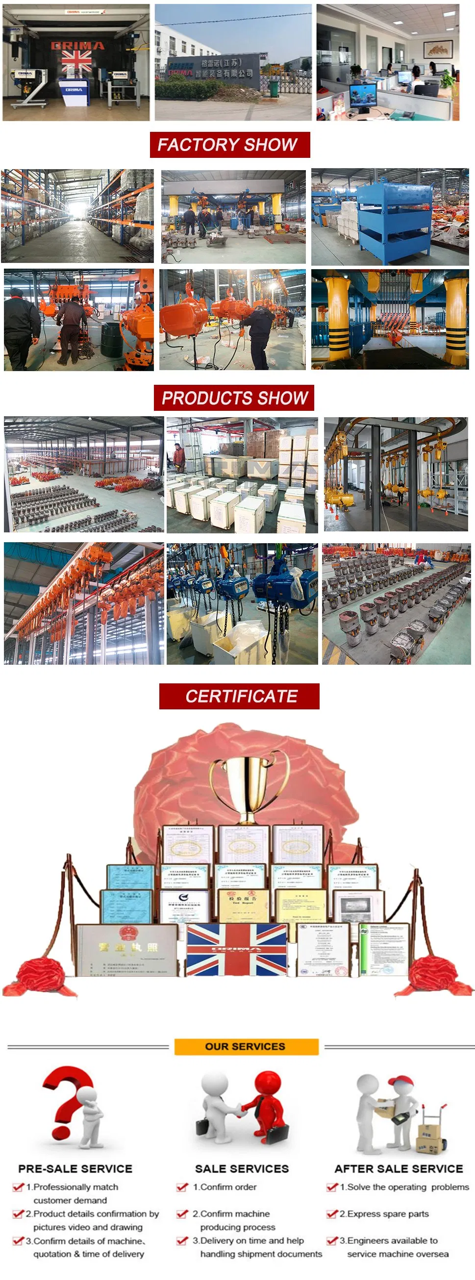 3t 2 Falls Double Speed Electric Chain Hoist with Manual Trolley Overhead Crane