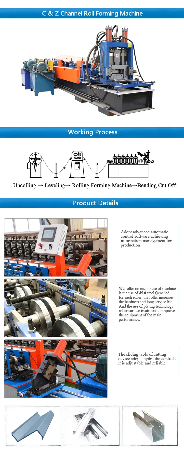 Fast Changed Size C Z U Section Type Steel Purlin Profile Roll Forming Machine