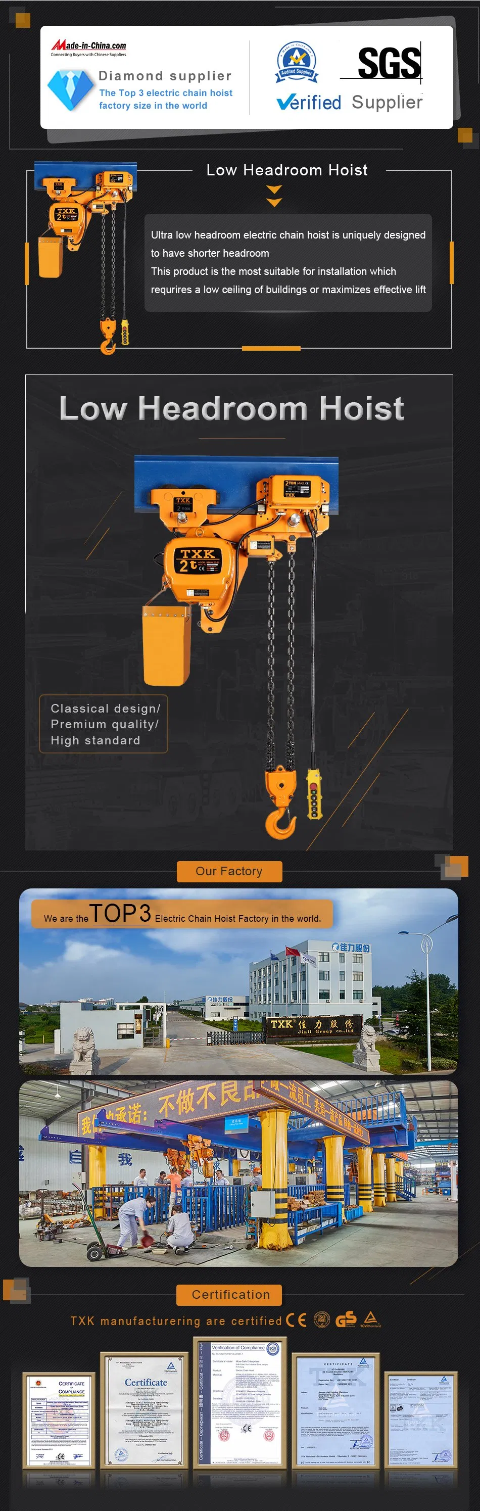 Txk 3 Ton 1 Chain Single Speed Ultra Low Headroom Hoist